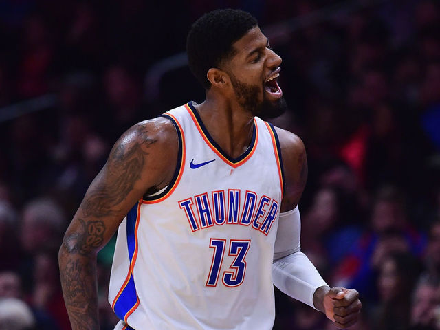 LOS ANGELES, CA - JANUARY 04: Paul George #13 of the Oklahoma City Thunder reacts to his three pointer during a 127-117 win over the LA Clippers at Staples Center on January 4, 2018 in Los Angeles, California.