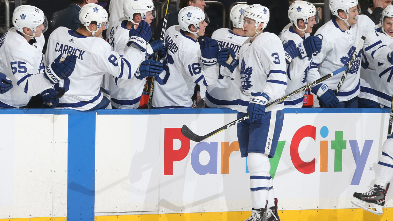 NEW YORK, NY - FEBRUARY 01: Justin Holl #3 of the Toronto Maple Leafs celebrates after scoring a goal in the first period against the New York Rangers at Madison Square Garden on February 1, 2018 in New York City.
