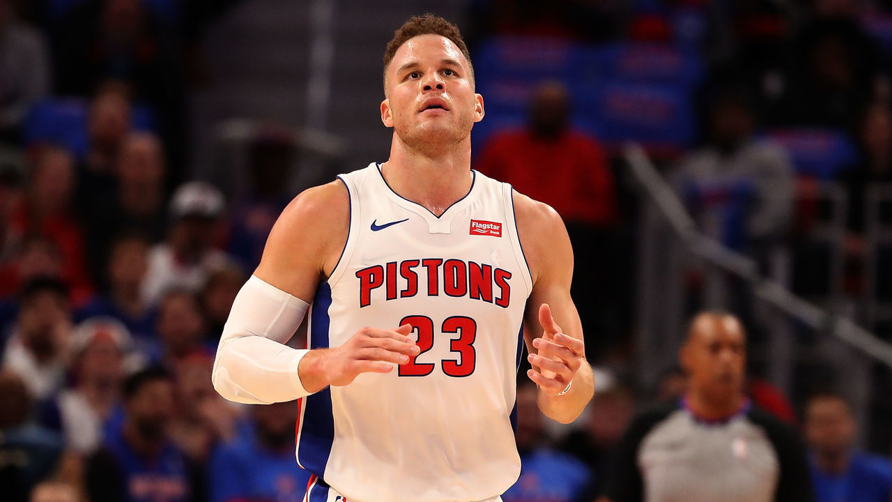 DETROIT, MI - FEBRUARY 1: Blake Griffin #32 of the Detroit Pistons celebrates a first quarter basket during the game against the Memphis Grizzlies at Little Caesars Arena on February 1, 2018 in Detroit, Michigan.