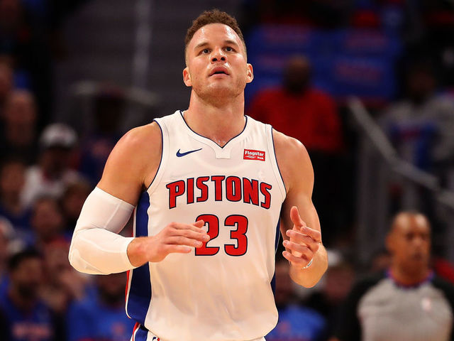 DETROIT, MI - FEBRUARY 1: Blake Griffin #32 of the Detroit Pistons celebrates a first quarter basket during the game against the Memphis Grizzlies at Little Caesars Arena on February 1, 2018 in Detroit, Michigan.
