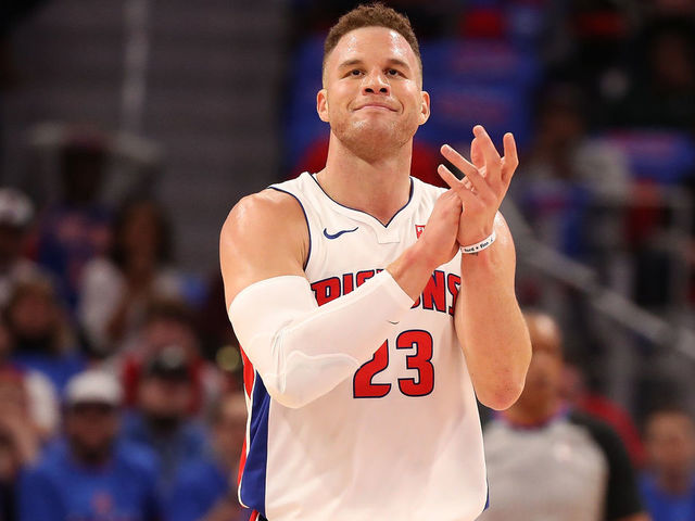 DETROIT, MI - FEBRUARY 1: Blake Griffin #32 of the Detroit Pistons celebrates a first quarter basket during the game against the Memphis Grizzlies at Little Caesars Arena on February 1, 2018 in Detroit, Michigan.