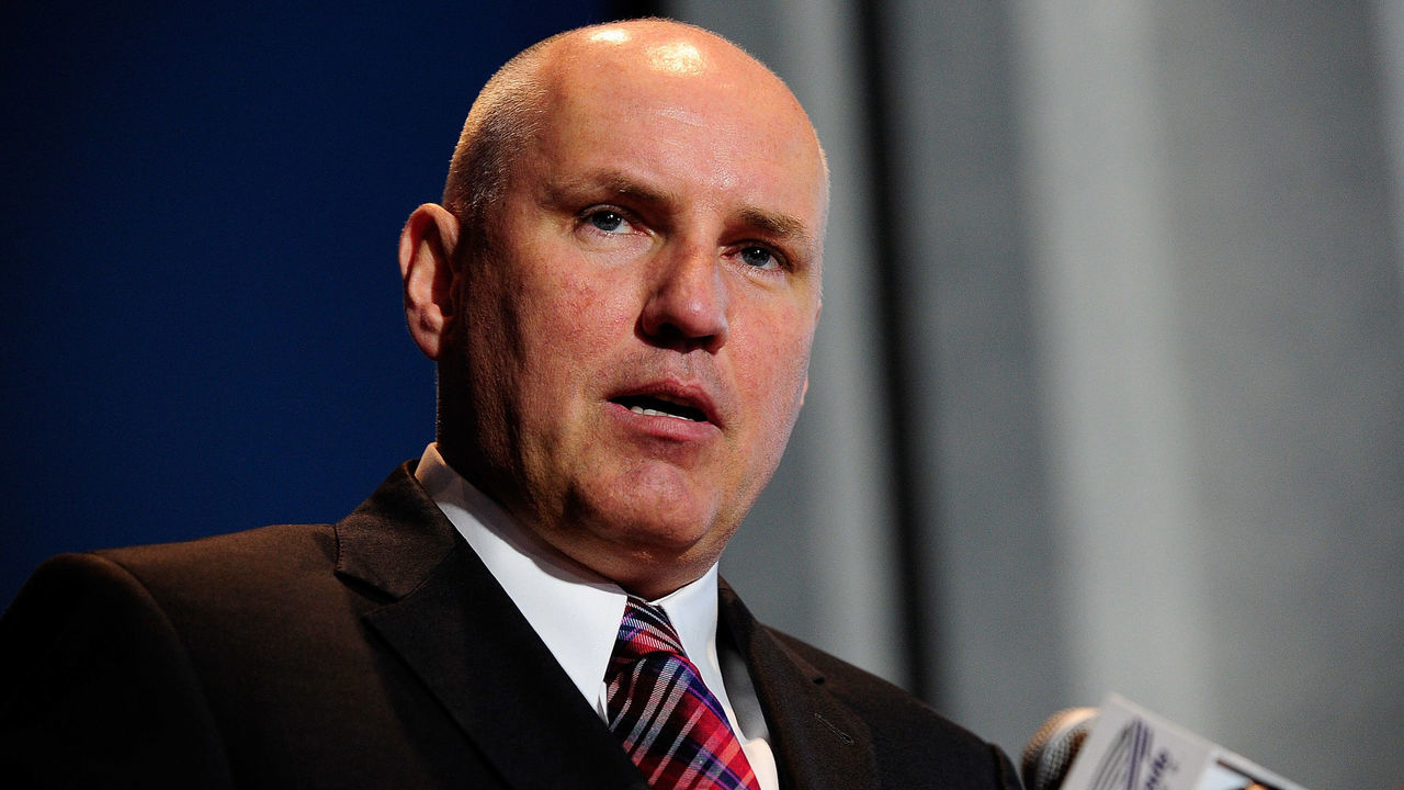 ST. LOUIS, MO - JANUARY 29: Doug Armstrong general manager of the St. Louis Blues talks at Martin Brodeurs retirement press conference at Scottrade Center on January 29, 2015 in St. Louis, Missouri.