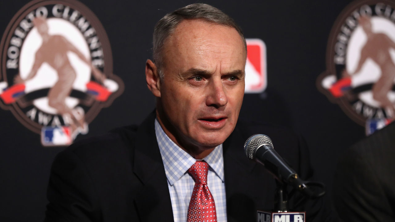 CHICAGO, IL - OCTOBER 28: MLB commissioner Rob Manfred speaks to the media before Game Three of the 2016 World Series between the Chicago Cubs and the Cleveland Indians at Wrigley Field on October 28, 2016 in Chicago, Illinois.