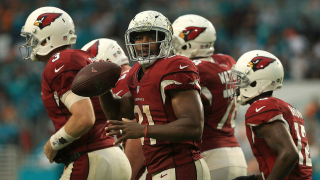MIAMI GARDENS, FL - DECEMBER 11: David Johnson #31 of the Arizona Cardinals celebrates a two point conversion during a game against the Miami Dolphins at Hard Rock Stadium on December 11, 2016 in Miami Gardens, Florida.