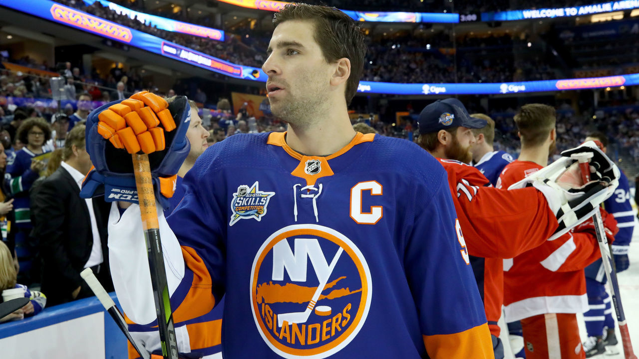 TAMPA, FL - JANUARY 27: John Tavares #91 of the New York Islanders looks on during the Enterprise NHL Fastest Skater during the 2018 GEICO NHL All-Star Skills Competition at Amalie Arena on January 27, 2018 in Tampa, Florida.
