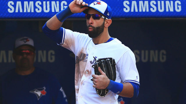TORONTO, ON - SEPTEMBER 24: Jose Bautista #19 of the Toronto Blue Jays tips his hat to the fans after he is pulled from the game in the ninth inning during MLB game action against the New York Yankees at Rogers Centre on September 24, 2017 in Toronto, Canada.