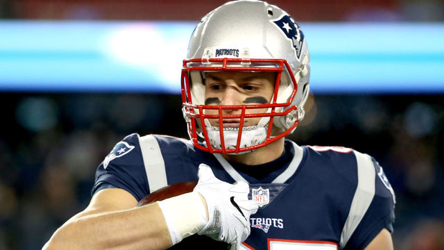 FOXBOROUGH, MA - JANUARY 13: Rob Gronkowski #87 of the New England Patriots warms up before the AFC Divisional Playoff game against the Tennessee Titans at Gillette Stadium on January 13, 2018 in Foxborough, Massachusetts.