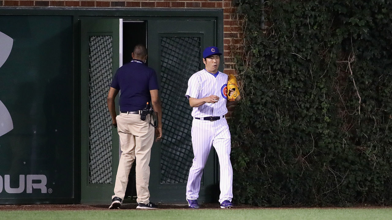 CHICAGO, IL - JUNE 19: Koji Uehara #19 of the Chicago Cubs leaves the bullpen to pitch the 8th inning against the San Diego Padres at Wrigley Field on June 19, 2017 in Chicago, Illinois.