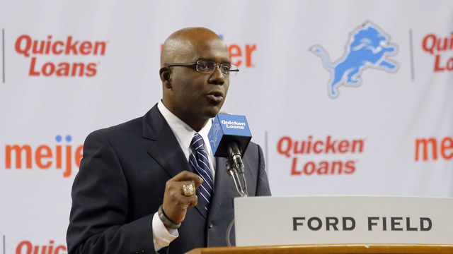 DETROIT, MI - JANUARY 15: General Manager Martin Mayhew of the Detroit Lions introduces Jim Caldwell as the Lions head coach during a news conference at Ford Field on January 15, 2014 in Detroit, Michigan.