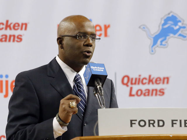 DETROIT, MI - JANUARY 15: General Manager Martin Mayhew of the Detroit Lions introduces Jim Caldwell as the Lions head coach during a news conference at Ford Field on January 15, 2014 in Detroit, Michigan.