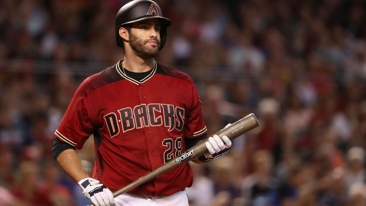 PHOENIX, AZ - SEPTEMBER 24: J.D. Martinez #28 of the Arizona Diamondbacks at bat against the Miami Marlins during the MLB game at Chase Field on September 24, 2017 in Phoenix, Arizona. The Diamondbacks defeated the Marlins 3-2.