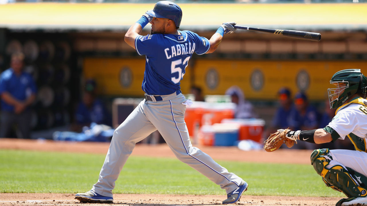 OAKLAND, CA - AUGUST 16: Melky Cabrera #53 of the Kansas City Royals bats against the Oakland Athletics at Oakland Alameda Coliseum on August 16, 2017 in Oakland, California.