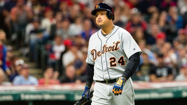 CLEVELAND, OH - SEPTEMBER 12: Miguel Cabrera #24 of the Detroit Tigers reacts after striking out during the fourth inning against the Cleveland Indians at Progressive Field on September 12, 2017 in Cleveland, Ohio.
