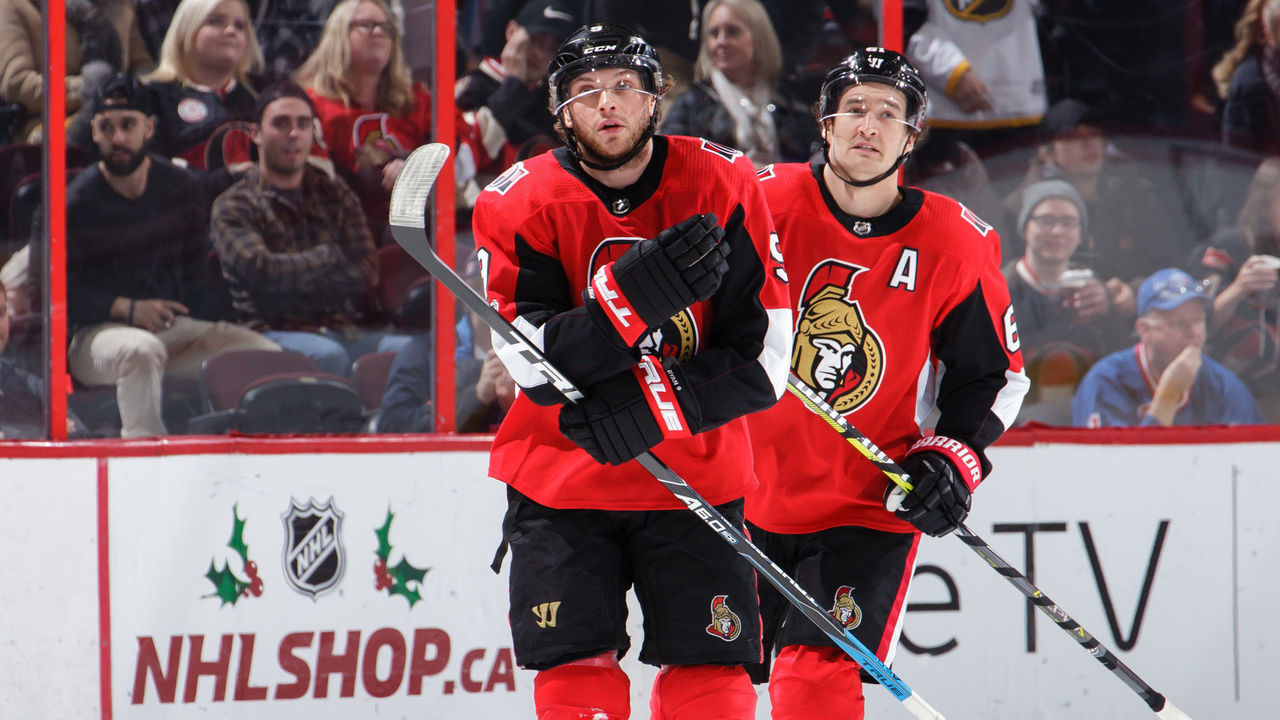 OTTAWA, ON - DECEMBER 13: Bobby Ryan #9 of the Ottawa Senators celebrates his first period goal against the New York Rangers with teammate Mark Stone #61 as they skate to the bench at Canadian Tire Centre on December 13, 2017 in Ottawa, Ontario, Canada.