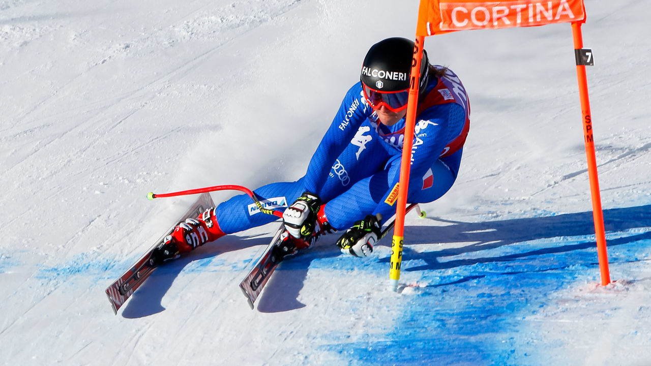 CORTINA D'AMPEZZO, ITALY - JANUARY 20: Sofia Goggia of Italy competes during the Audi FIS Alpine Ski World Cup Women's Downhill on January 20, 2018 in Cortina d'Ampezzo, Italy.