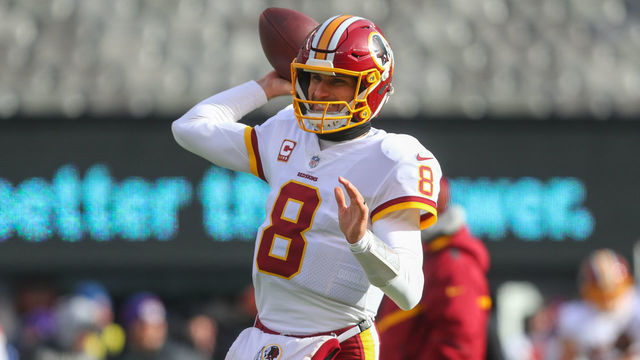 EAST RUTHERFORD, NJ - DECEMBER 31: Kirk Cousins #8 of the Washington Redskins throws a pass during warmups for the NFL game against the New York Giants at MetLife Stadium on December 31, 2017 in East Rutherford, New Jersey.
