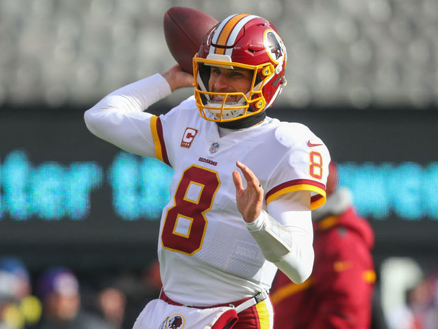 EAST RUTHERFORD, NJ - DECEMBER 31: Kirk Cousins #8 of the Washington Redskins throws a pass during warmups for the NFL game against the New York Giants at MetLife Stadium on December 31, 2017 in East Rutherford, New Jersey.