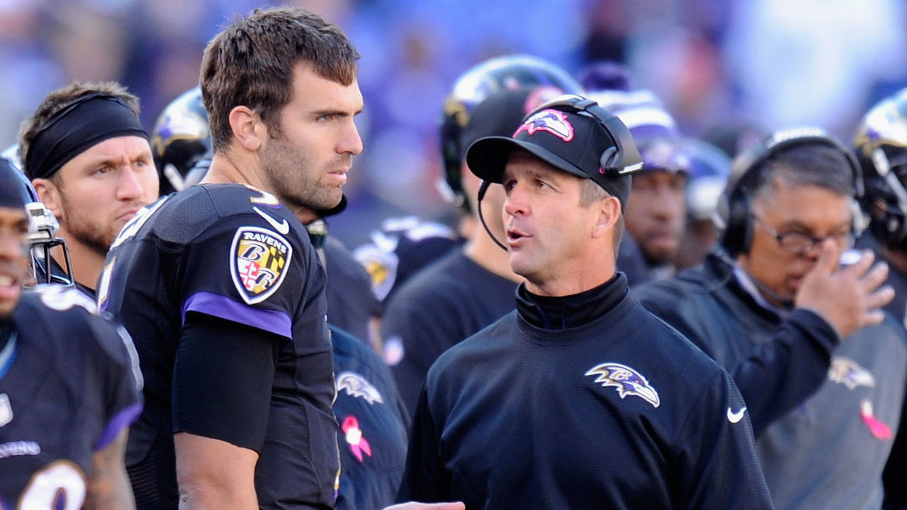 BALTIMORE, MD - OCTOBER 19: Head coach John Harbaugh of the Baltimore Ravens speaks with quarterback Joe Flacco #5 of the Baltimore Ravens on the sideline during the second half of a game against the Atlanta Falcons at M&T Bank Stadium on October 19, 2014 in Baltimore, Maryland.