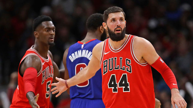 CHICAGO, IL - JANUARY 13: Nikola Mirotic #44 and Bobby Portis #5 of the Chicago Bulls support each other during a game against the Detroit Pistons at the United Center on January 13, 2018 in Chicago, Illinois. The Bulls defeated the Pistons 107-105.