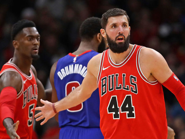 CHICAGO, IL - JANUARY 13: Nikola Mirotic #44 and Bobby Portis #5 of the Chicago Bulls support each other during a game against the Detroit Pistons at the United Center on January 13, 2018 in Chicago, Illinois. The Bulls defeated the Pistons 107-105.