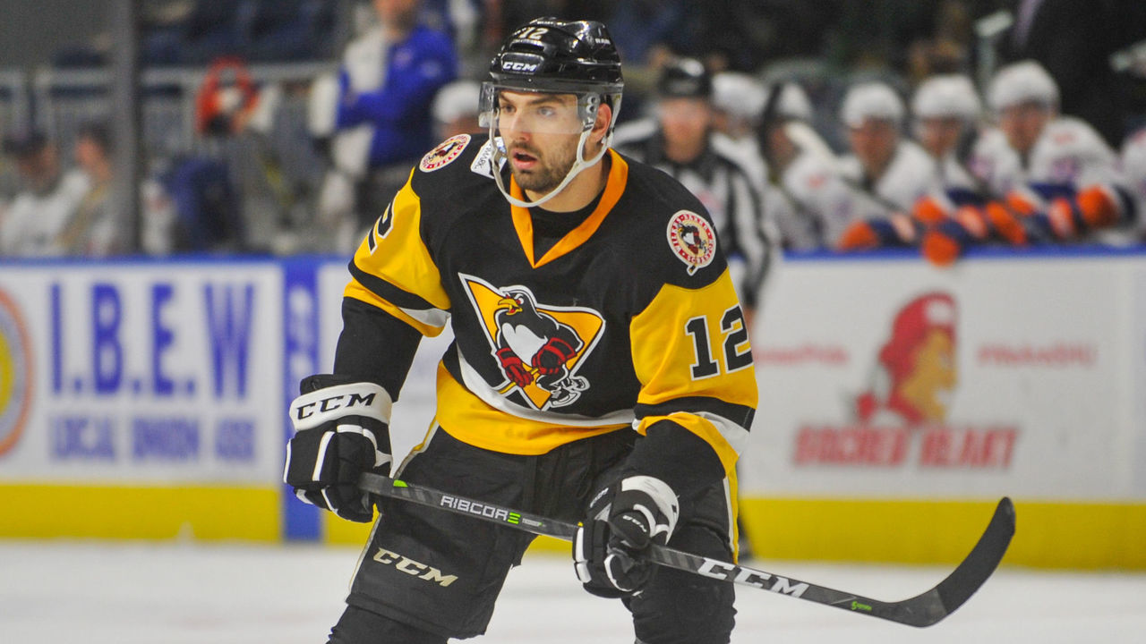 BRIDGEPORT, CT - DECEMBER 16: Zach Aston-Reese #12 of the Wilkes-Barre/Scranton Penguins looks to receive a pass during a game against the Bridgeport Sound Tigers at the Webster Bank Arena on December 16, 2017 in Bridgeport, Connecticut.