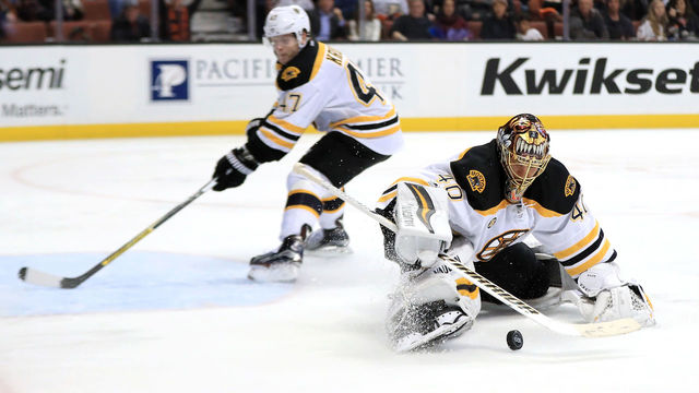 ANAHEIM, CA - FEBRUARY 22: Tuukka Rask #40 covers up a loose puck as Torey Krug #47 of the Boston Bruins skates past during the third period of a game against the Anaheim Ducks at Honda Center on February 22, 2017 in Anaheim, California.