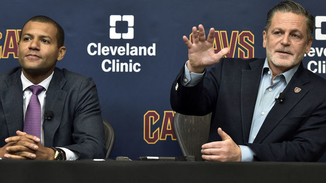 INDEPENDENCE, OH - JULY 26: Cleveland Cavaliers owner Dan Gilbert introduces new general manager Koby Altman during a press conference at The Cleveland Clinic Courts on July 26, 2016 in Independence, Ohio. NOTE TO USER: User expressly acknowledges and agrees that, by downloading and/or using this Photograph, user is consenting to the terms and conditions of the Getty Images License Agreement. Mandatory Copyright Notice: Copyright 2017 NBAE