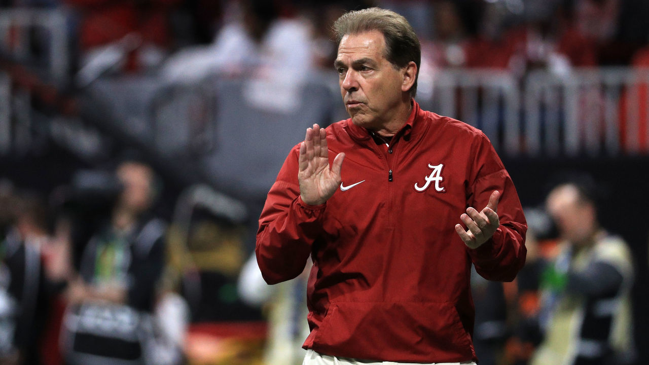 ATLANTA, GA - JANUARY 08: Head coach Nick Saban of the Alabama Crimson Tide reacts to a play during the first quarter against the Georgia Bulldogs in the CFP National Championship presented by AT&T at Mercedes-Benz Stadium on January 8, 2018 in Atlanta, Georgia.