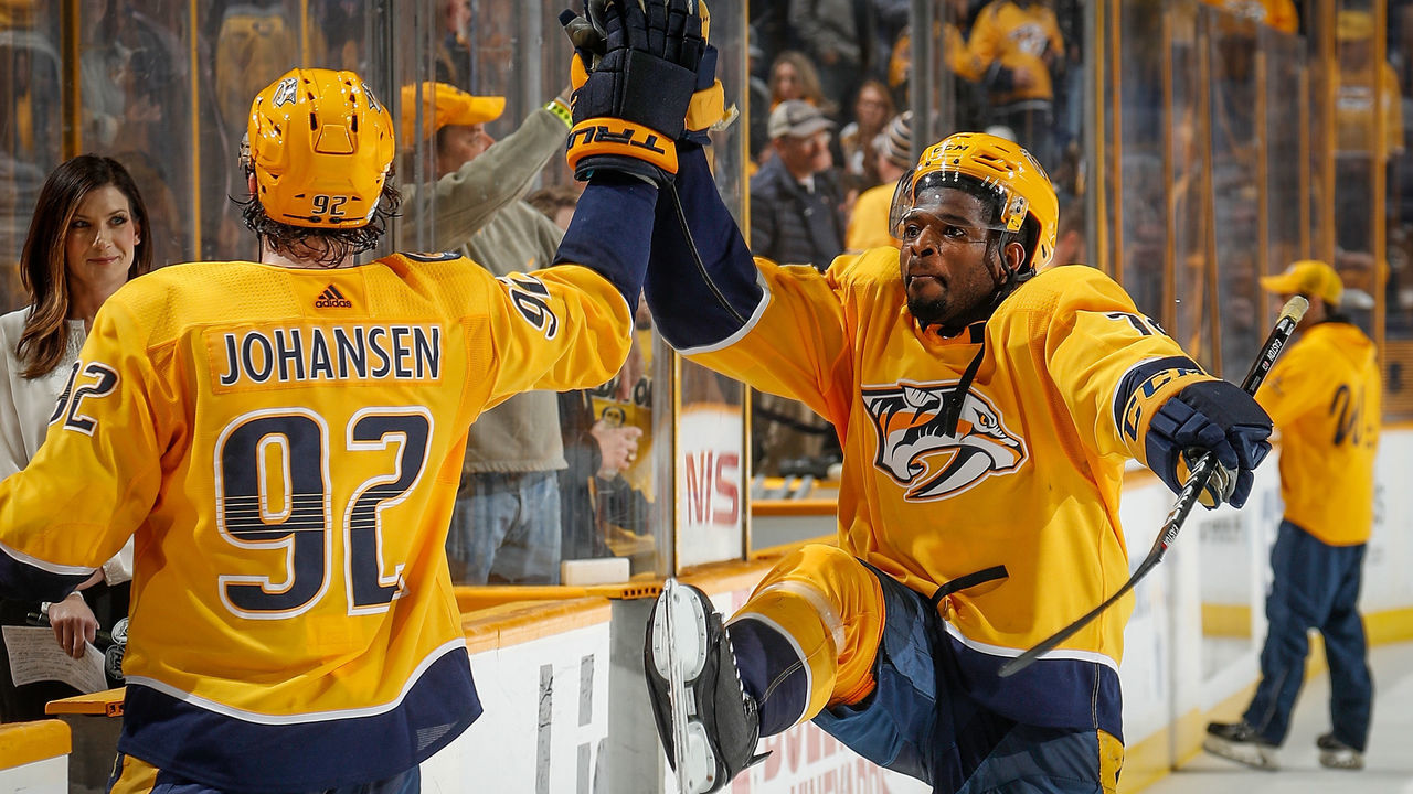 NASHVILLE, TN - FEBRUARY 3: Ryan Johansen #92 high fives P.K. Subban #76 of the Nashville Predators after a 5-2 win against the New York Rangers during an NHL game at Bridgestone Arena on February 3, 2018 in Nashville, Tennessee.