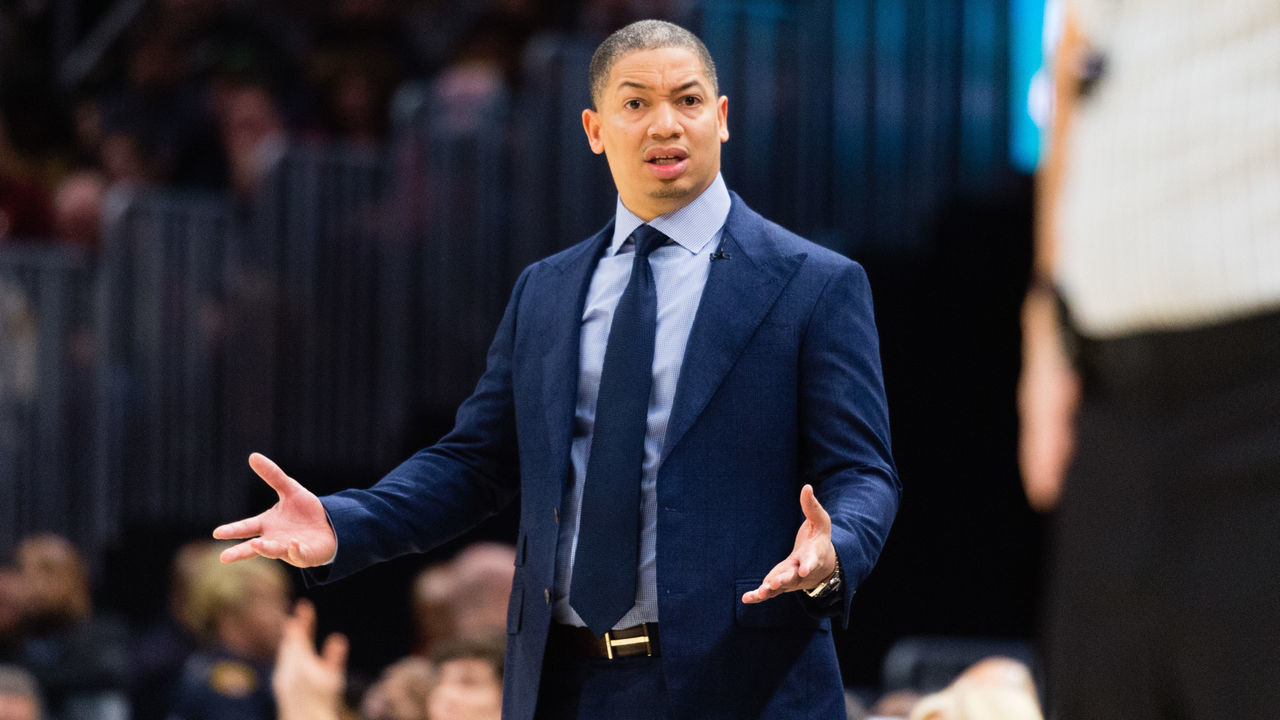 CLEVELAND, OH - FEBRUARY 3: Tyronn Lue of the Cleveland Cavaliers reacts to a foul call during the first half against the Houston Rockets at Quicken Loans Arena on February 3, 2018 in Cleveland, Ohio.