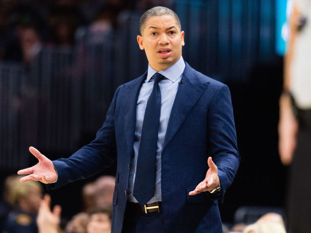 CLEVELAND, OH - FEBRUARY 3: Tyronn Lue of the Cleveland Cavaliers reacts to a foul call during the first half against the Houston Rockets at Quicken Loans Arena on February 3, 2018 in Cleveland, Ohio.