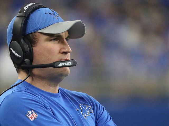 DETROIT, MI - JANUARY 01: Offensive coordinator Jim Bob Cooter of the Detroit Lions watches his team against the Green Bay Packers during first half action at Ford Field on January 1, 2017 in Detroit, Michigan.