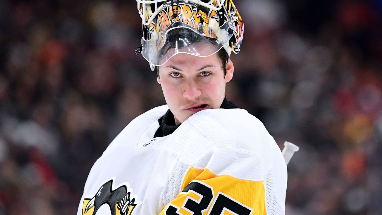 ANAHEIM, CA - JANUARY 17: Tristan Jarry #35 of the Pittsburgh Penguins reacts as he skates to his net against the Anaheim Ducks during the first period at Honda Center on January 17, 2018 in Anaheim, California.