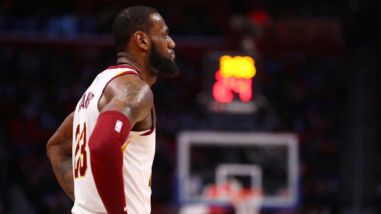 DETROIT, MI - JANUARY 30: LeBron James #23 of the Cleveland Cavaliers looks on during the second half while playing the Detroit Pistons at Little Caesars Arena on January 30, 2018 in Detroit, Michigan. Detroit won the game 125-114.