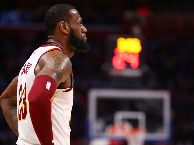 DETROIT, MI - JANUARY 30: LeBron James #23 of the Cleveland Cavaliers looks on during the second half while playing the Detroit Pistons at Little Caesars Arena on January 30, 2018 in Detroit, Michigan. Detroit won the game 125-114.