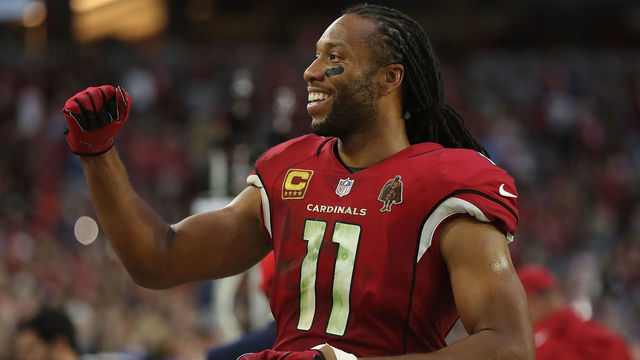 GLENDALE, AZ - DECEMBER 10: Larry Fitzgerald #11 of the Arizona Cardinals celebrates after the NFL game against the Tennessee Titans at University of Phoenix Stadium on December 10, 2017 in Glendale, Arizona. The Arizona Cardinals won 12 - 7.