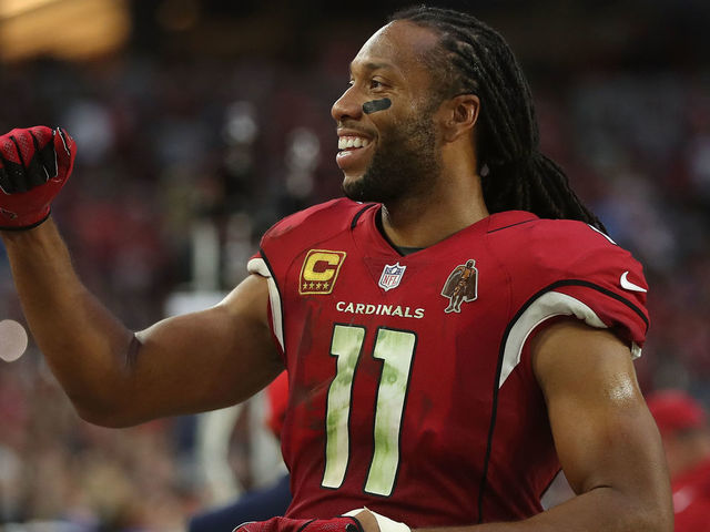 GLENDALE, AZ - DECEMBER 10: Larry Fitzgerald #11 of the Arizona Cardinals celebrates after the NFL game against the Tennessee Titans at University of Phoenix Stadium on December 10, 2017 in Glendale, Arizona. The Arizona Cardinals won 12 - 7.