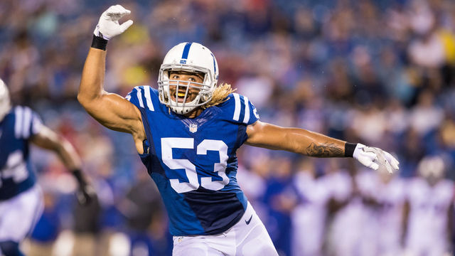 ORCHARD PARK, NY - AUGUST 13: Edwin Jackson #53 of the Indianapolis Colts attempts to break up a pass during the game against the Buffalo Bills on August 13, 2016 at Ralph Wilson Stadium in Orchard Park, New York. Indianapolis defeats Buffalo 19-18.