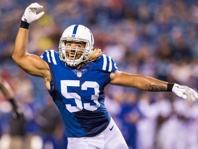 ORCHARD PARK, NY - AUGUST 13: Edwin Jackson #53 of the Indianapolis Colts attempts to break up a pass during the game against the Buffalo Bills on August 13, 2016 at Ralph Wilson Stadium in Orchard Park, New York. Indianapolis defeats Buffalo 19-18.