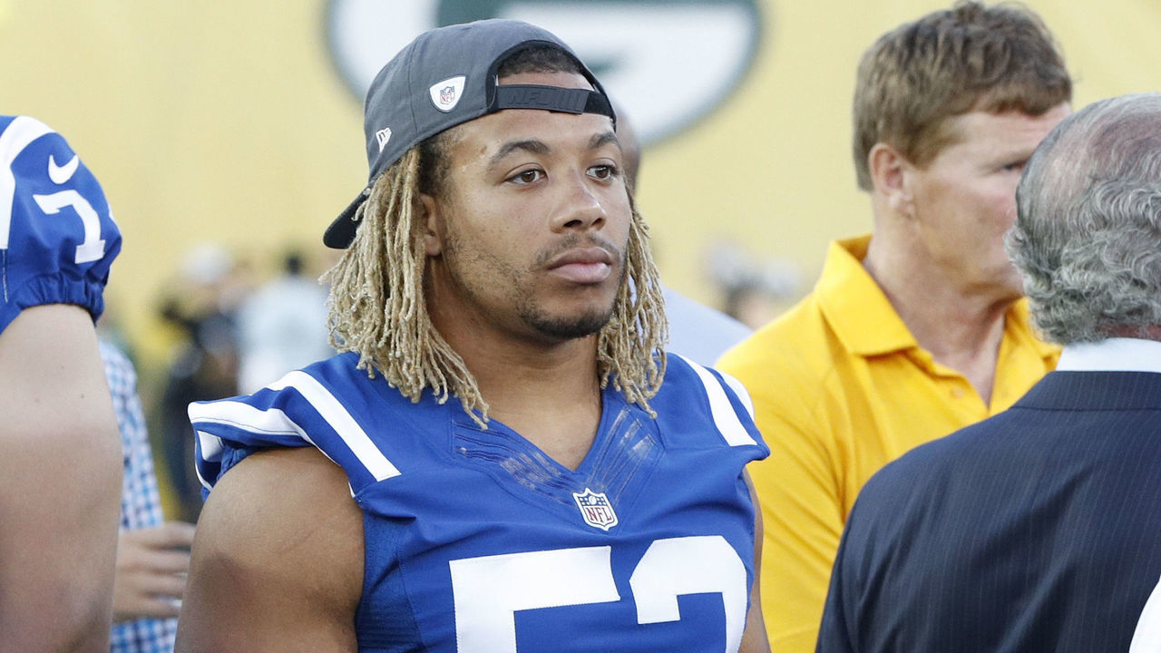 CANTON, OH - AUGUST 07: Edwin Jackson #53 of the Indianapolis Colts looks on after the NFL Hall of Fame Game against the Green Bay Packers was cancelled due to poor field conditions at Tom Benson Hall of Fame Stadium on August 7, 2016 in Canton, Ohio.