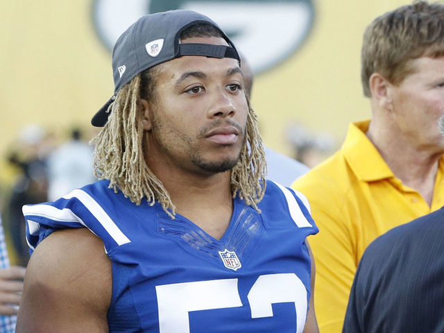 CANTON, OH - AUGUST 07: Edwin Jackson #53 of the Indianapolis Colts looks on after the NFL Hall of Fame Game against the Green Bay Packers was cancelled due to poor field conditions at Tom Benson Hall of Fame Stadium on August 7, 2016 in Canton, Ohio.