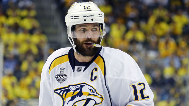 PITTSBURGH, PA - MAY 29: Mike Fisher #12 of the Nashville Predators looks on against the Pittsburgh Penguins in Game One of the 2017 NHL Stanley Cup Final at PPG Paints Arena on May 29, 2017 in Pittsburgh, Pennsylvania.