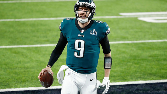 MINNEAPOLIS, MN - FEBRUARY 04: Nick Foles #9 of the Philadelphia Eagles reacts after a 1-yard touchdown reception against the New England Patriots during the second quarter in Super Bowl LII at U.S. Bank Stadium on February 4, 2018 in Minneapolis, Minnesota.