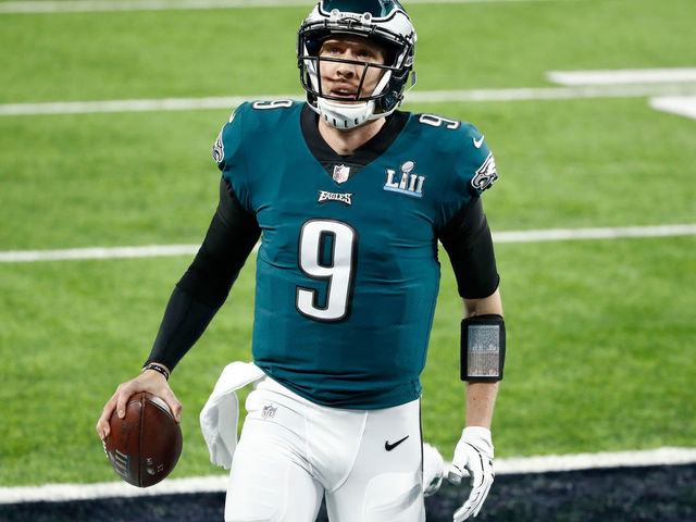 MINNEAPOLIS, MN - FEBRUARY 04: Nick Foles #9 of the Philadelphia Eagles reacts after a 1-yard touchdown reception against the New England Patriots during the second quarter in Super Bowl LII at U.S. Bank Stadium on February 4, 2018 in Minneapolis, Minnesota.