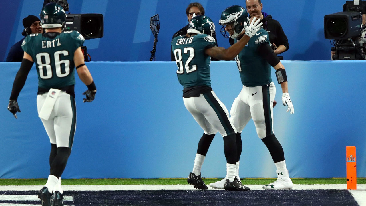 MINNEAPOLIS, MN - FEBRUARY 04: Nick Foles #9 of the Philadelphia Eagles celebrates his 1 yard touchdown reception with Torrey Smith #82 and Zach Ertz #86 of the Philadelphia Eagles against the New England Patriots during the second quarter in Super Bowl LII at U.S. Bank Stadium on February 4, 2018 in Minneapolis, Minnesota.
