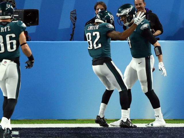 MINNEAPOLIS, MN - FEBRUARY 04: Nick Foles #9 of the Philadelphia Eagles celebrates his 1 yard touchdown reception with Torrey Smith #82 and Zach Ertz #86 of the Philadelphia Eagles against the New England Patriots during the second quarter in Super Bowl LII at U.S. Bank Stadium on February 4, 2018 in Minneapolis, Minnesota.