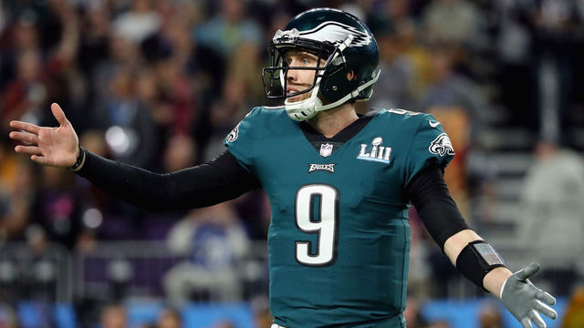 MINNEAPOLIS, MN - FEBRUARY 04: Nick Foles #9 of the Philadelphia Eagles looks on in the first half of Super Bowl LII against the New England Patriots at U.S. Bank Stadium on February 4, 2018 in Minneapolis, Minnesota.