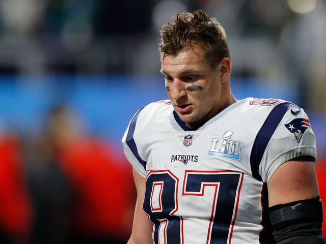 MINNEAPOLIS, MN - FEBRUARY 04: Rob Gronkowski #87 of the New England Patriots walks off the field after his teams 41-33 loss to the Philadelphia Eagles in Super Bowl LII at U.S. Bank Stadium on February 4, 2018 in Minneapolis, Minnesota. The Philadelphia Eagles defeated the New England Patriots 41-33.