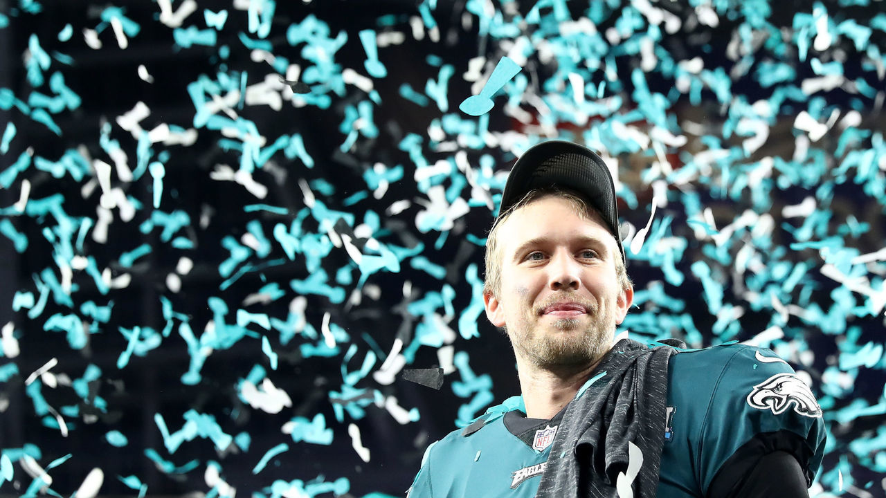 MINNEAPOLIS, MN - FEBRUARY 04: Nick Foles #9 of the Philadelphia Eagles celebrates after defeating the New England Patriots 41-33 in Super Bowl LII at U.S. Bank Stadium on February 4, 2018 in Minneapolis, Minnesota.