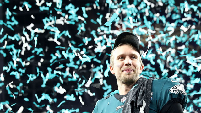 MINNEAPOLIS, MN - FEBRUARY 04: Nick Foles #9 of the Philadelphia Eagles celebrates after defeating the New England Patriots 41-33 in Super Bowl LII at U.S. Bank Stadium on February 4, 2018 in Minneapolis, Minnesota.